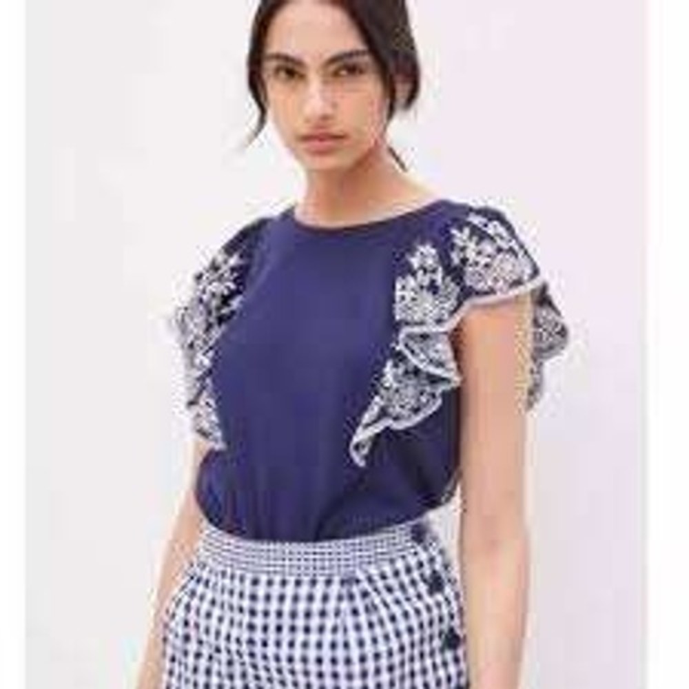 Maeve by Anthropologie Cotton Ruffle Sleeve Eyelet Top Navy size medium